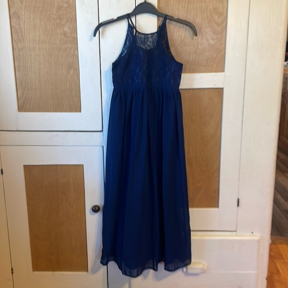 AZAZIE JUNIORS dark blue bridesmaid dress.